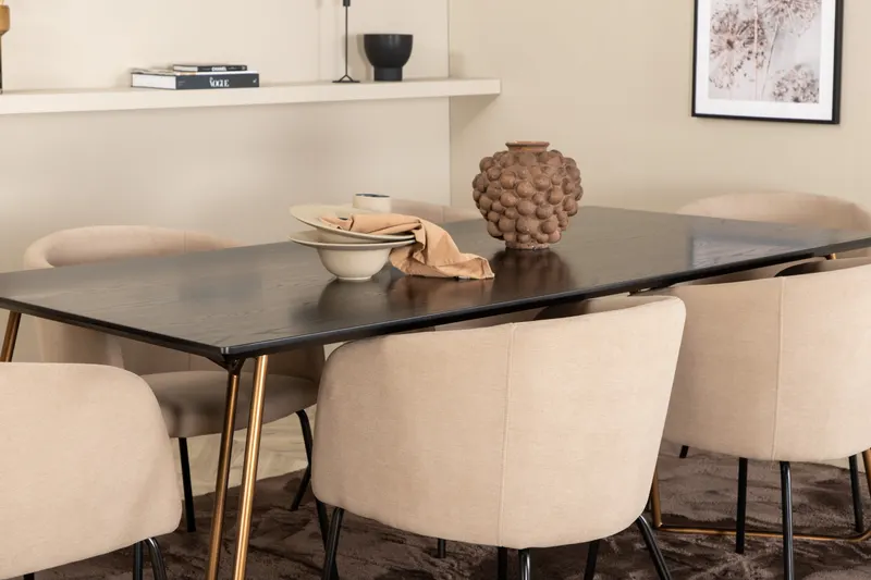 Petra & Berit Essgruppe mit rechteckigem Esstisch und 6 Polsterstühlen in Schwarz, Gestell Kupfer, Beige, Gestell Schwarz, im Wohnraum, Ansicht 5