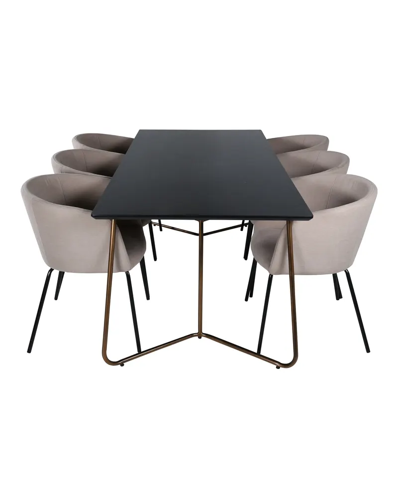Petra & Berit Essgruppe mit rechteckigem Esstisch und 6 Polsterstühlen in Schwarz, Gestell Kupfer, Beige, Gestell Schwarz, Ansicht 2