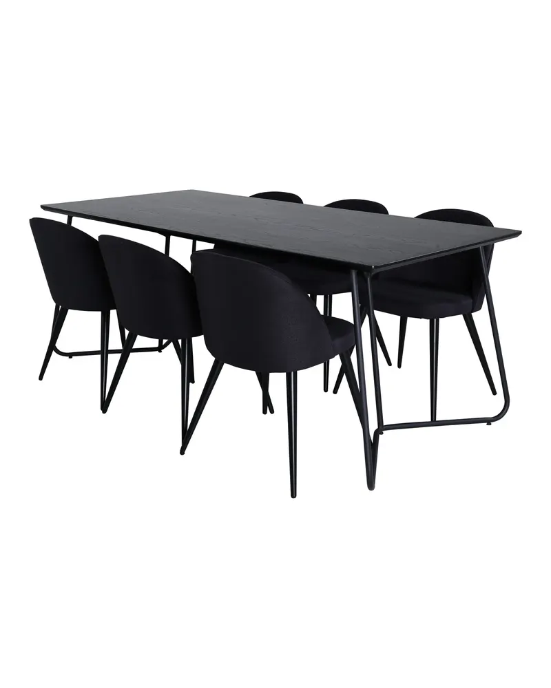 Petra & Velvet Essgruppe: Esstisch mit 6 Polsterstühlen, 190 × 90 cm, Schwarz