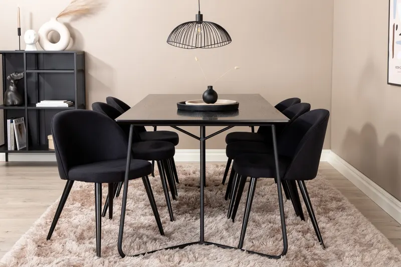 Petra & Velvet Essgruppe mit rechteckigem Esstisch und 6 Polsterstühlen in Schwarz, im Wohnraum, Ansicht 1