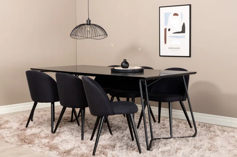 Petra & Velvet Essgruppe mit rechteckigem Esstisch und 6 Polsterstühlen in Schwarz, im Wohnraum, Ansicht 2