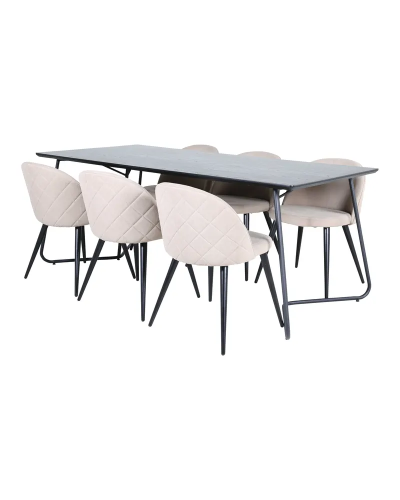 Petra & Velvet Essgruppe mit rechteckigem Esstisch und 6 Polsterstühlen in Schwarz, Beige, Gestell Schwarz, Ansicht 1