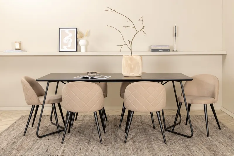 Petra & Velvet Essgruppe mit rechteckigem Esstisch und 6 Polsterstühlen in Schwarz, Beige, Gestell Schwarz, im Wohnraum, Ansicht 1