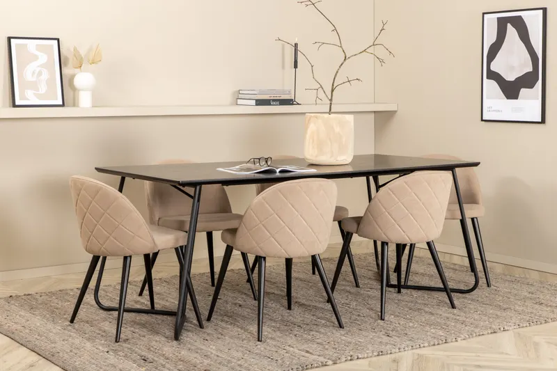 Petra & Velvet Essgruppe mit rechteckigem Esstisch und 6 Polsterstühlen in Schwarz, Beige, Gestell Schwarz, im Wohnraum, Ansicht 2