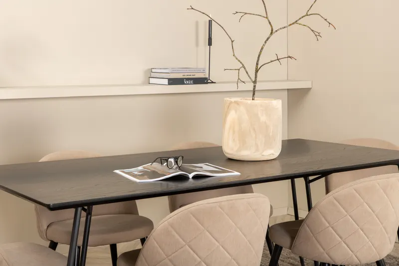 Petra & Velvet Essgruppe mit rechteckigem Esstisch und 6 Polsterstühlen in Schwarz, Beige, Gestell Schwarz, im Wohnraum, Ansicht 3