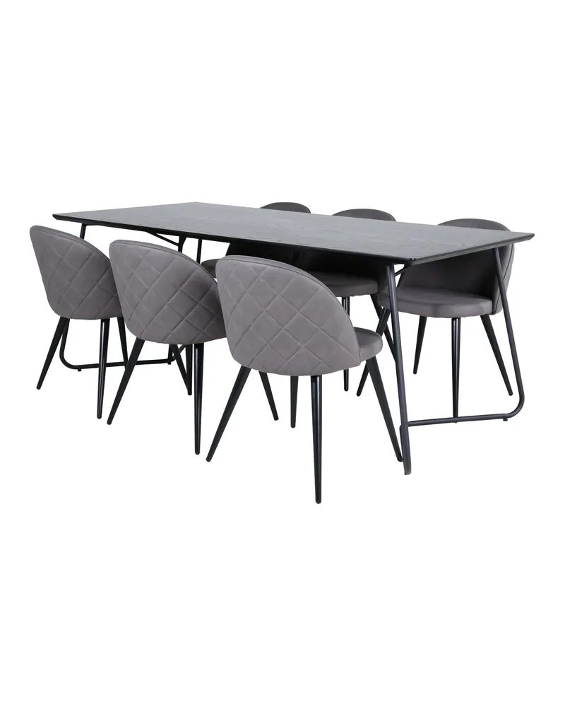 Petra & Velvet Essgruppe mit rechteckigem Esstisch und 6 Polsterstühlen in Schwarz, Grau, Gestell Schwarz, Ansicht 1
