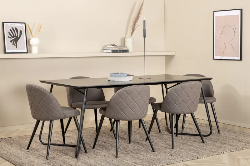 Petra & Velvet Essgruppe mit rechteckigem Esstisch und 6 Polsterstühlen in Schwarz, Grau, Gestell Schwarz, im Wohnraum, Ansicht 2