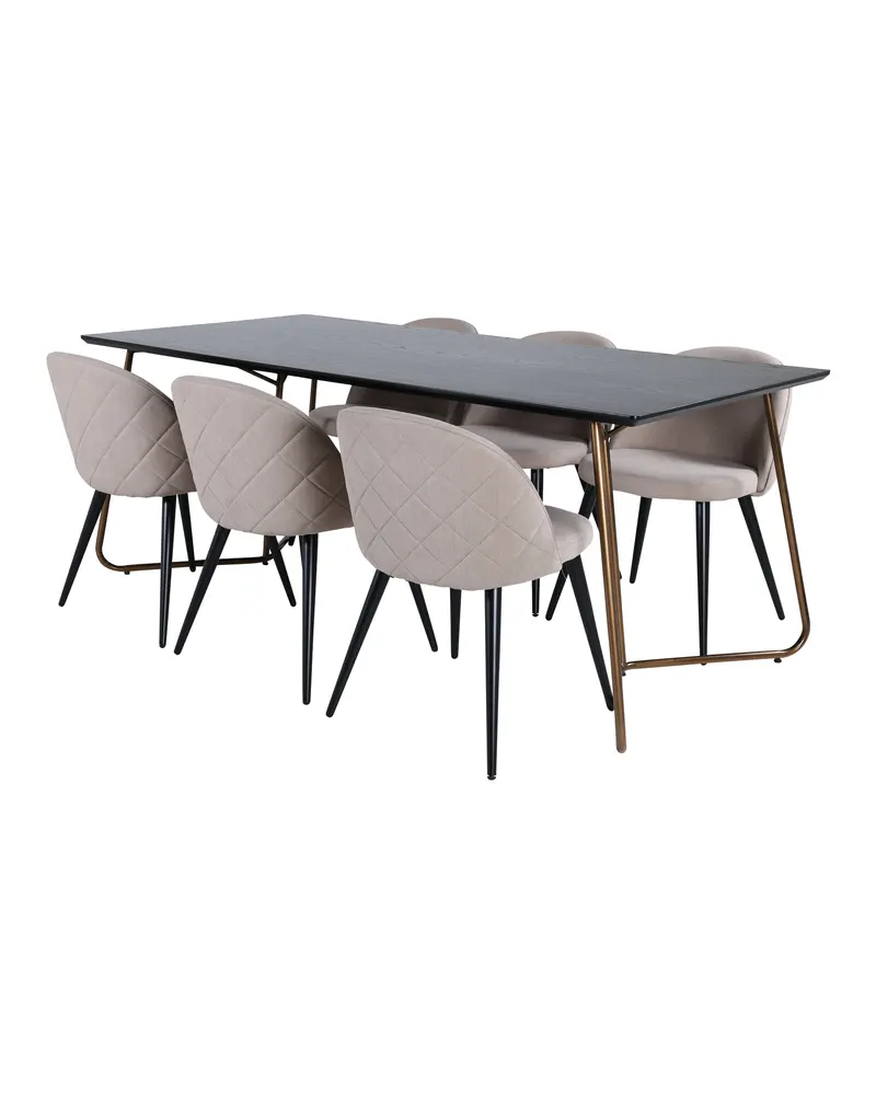Petra & Velvet Essgruppe mit rechteckigem Esstisch und 6 Polsterstühlen in Schwarz, Gestell Kupfer, Beige, Gestell Schwarz, Ansicht 1