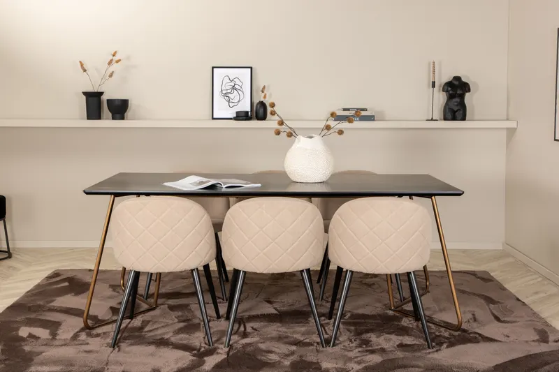 Petra & Velvet Essgruppe mit rechteckigem Esstisch und 6 Polsterstühlen in Schwarz, Gestell Kupfer, Beige, Gestell Schwarz, im Wohnraum, Ansicht 1