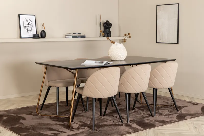 Petra & Velvet Essgruppe mit rechteckigem Esstisch und 6 Polsterstühlen in Schwarz, Gestell Kupfer, Beige, Gestell Schwarz, im Wohnraum, Ansicht 2