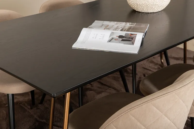 Petra & Velvet Essgruppe mit rechteckigem Esstisch und 6 Polsterstühlen in Schwarz, Gestell Kupfer, Beige, Gestell Schwarz, im Wohnraum, Ansicht 3