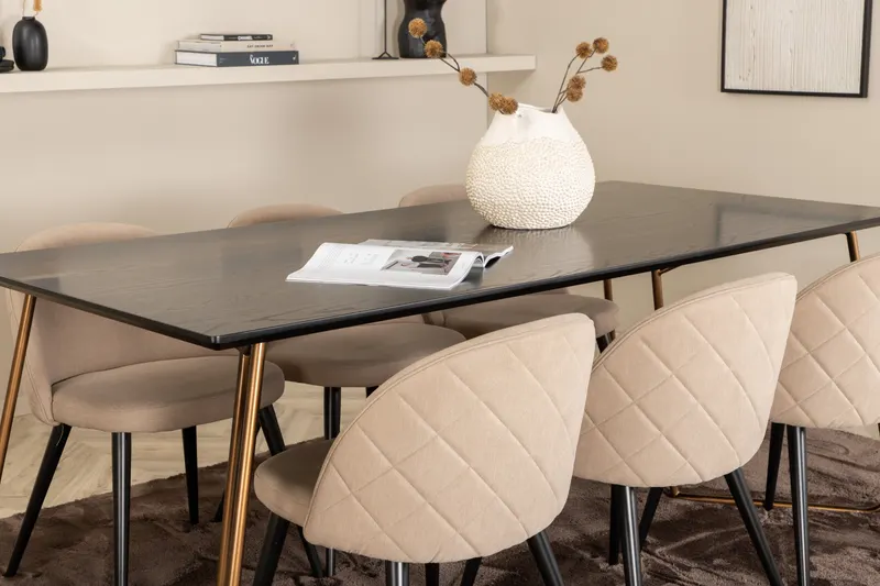 Petra & Velvet Essgruppe mit rechteckigem Esstisch und 6 Polsterstühlen in Schwarz, Gestell Kupfer, Beige, Gestell Schwarz, im Wohnraum, Ansicht 5