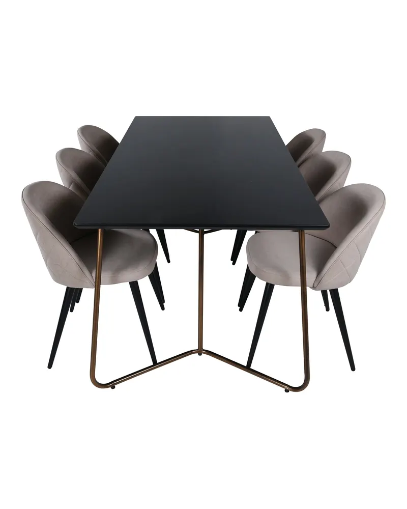 Petra & Velvet Essgruppe mit rechteckigem Esstisch und 6 Polsterstühlen in Schwarz, Gestell Kupfer, Beige, Gestell Schwarz, Ansicht 2