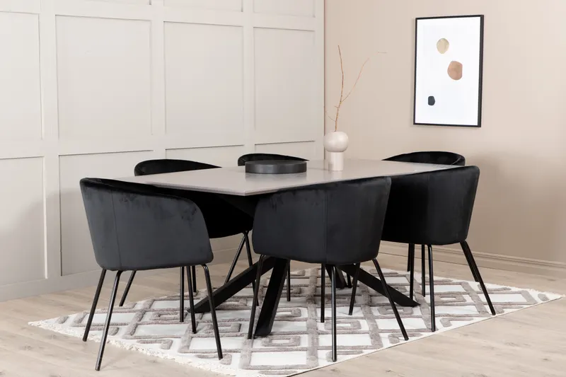 Piazza & Berit Essgruppe mit rechteckigem Esstisch und 6 Polsterstühlen in Schwarz, im Wohnraum, Ansicht 2