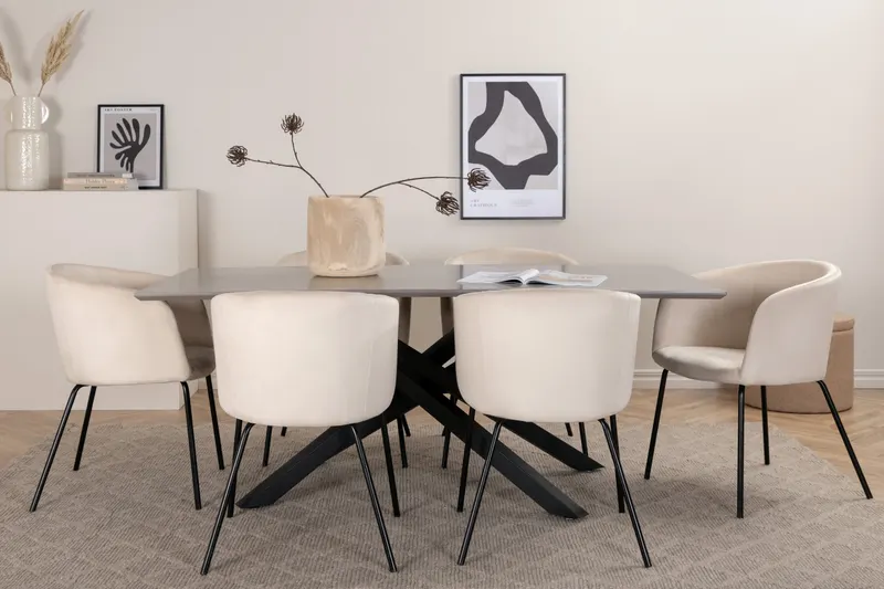 Piazza & Berit Essgruppe mit rechteckigem Esstisch und 6 Polsterstühlen in Beige, Gestell Schwarz, im Wohnraum, Ansicht 1