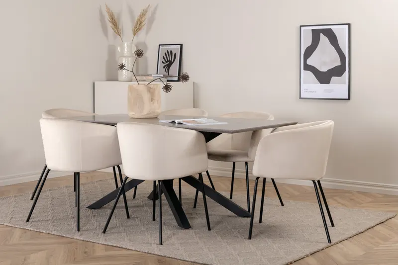 Piazza & Berit Essgruppe mit rechteckigem Esstisch und 6 Polsterstühlen in Beige, Gestell Schwarz, im Wohnraum, Ansicht 2