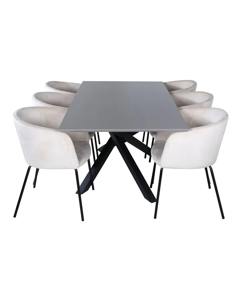 Piazza & Berit Essgruppe mit rechteckigem Esstisch und 6 Polsterstühlen in Beige, Gestell Schwarz, Ansicht 2