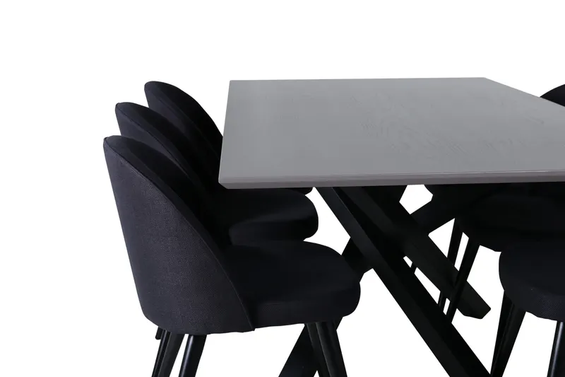 Piazza & Velvet Esstisch mit Kreuzgestell und 6 gepolsterten Stühlen in Grau, Gestell Schwarz, Ansicht 4