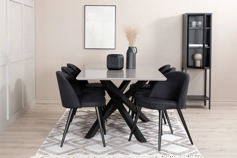 Piazza & Velvet Esstisch mit Kreuzgestell und 6 gepolsterten Stühlen in Grau, Gestell Schwarz, im Wohnraum, Ansicht 1