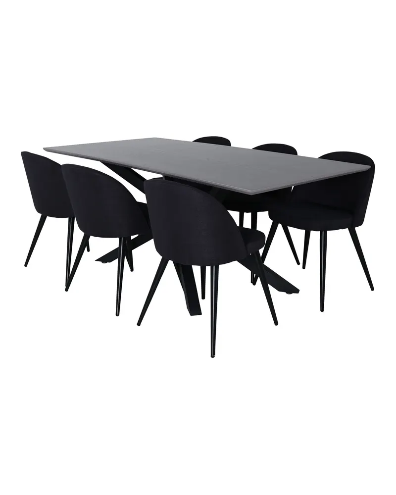 Piazza & Velvet Esstisch mit Kreuzgestell und 6 gepolsterten Stühlen in Grau, Gestell Schwarz, Ansicht 2