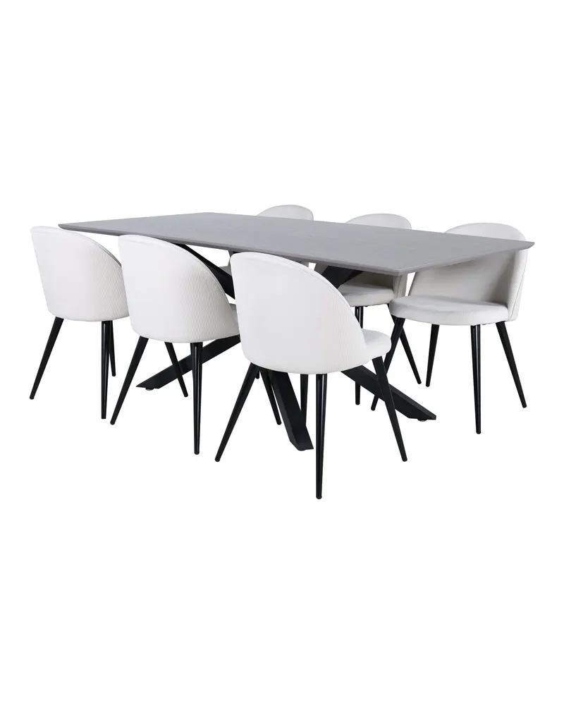 Piazza & Velvet Esstisch mit Kreuzgestell und 6 gepolsterten Stühlen in Grau, Gestell Schwarz, Beige, Ansicht 1