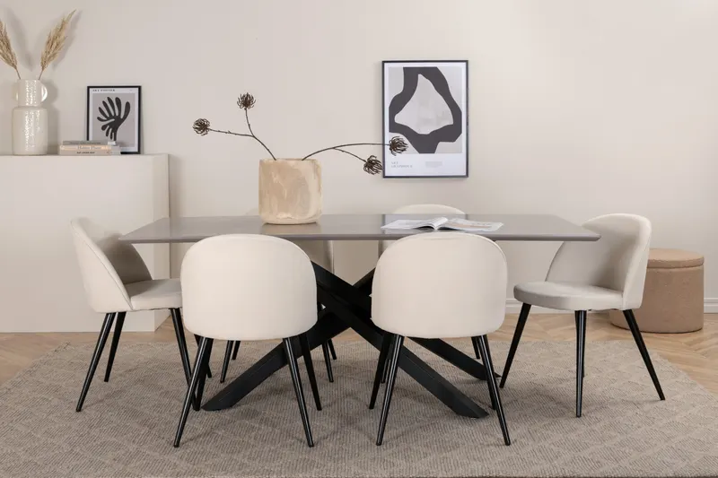 Piazza & Velvet Esstisch mit Kreuzgestell und 6 gepolsterten Stühlen in Grau, Gestell Schwarz, Beige, im Wohnraum, Ansicht 1