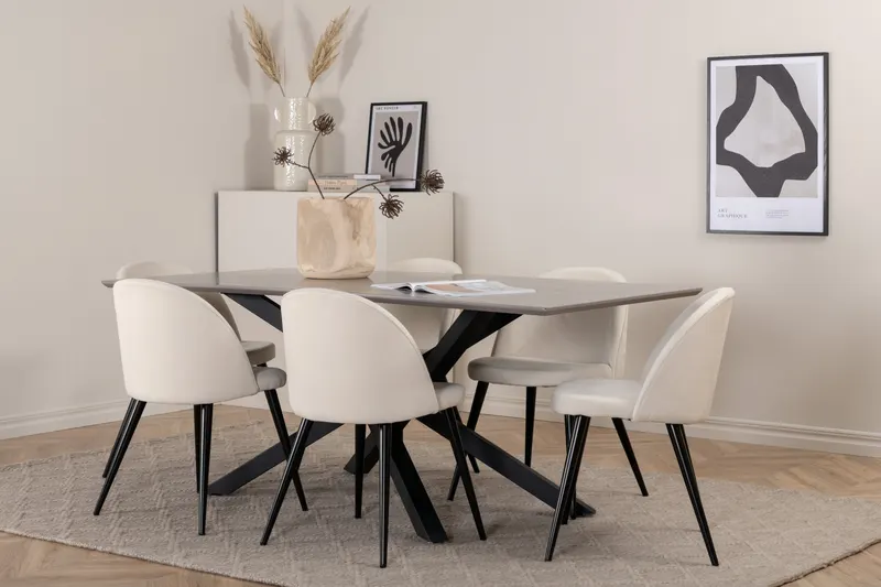 Piazza & Velvet Esstisch mit Kreuzgestell und 6 gepolsterten Stühlen in Grau, Gestell Schwarz, Beige, im Wohnraum, Ansicht 2