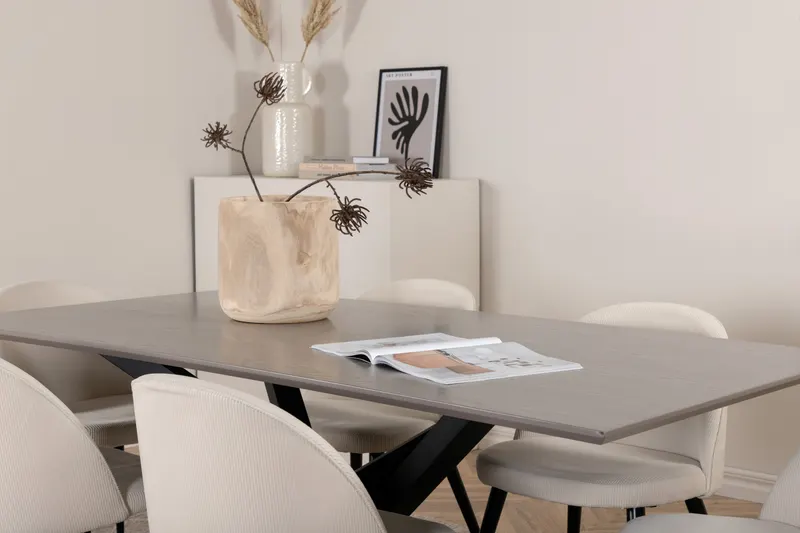 Piazza & Velvet Esstisch mit Kreuzgestell und 6 gepolsterten Stühlen in Grau, Gestell Schwarz, Beige, im Wohnraum, Ansicht 3