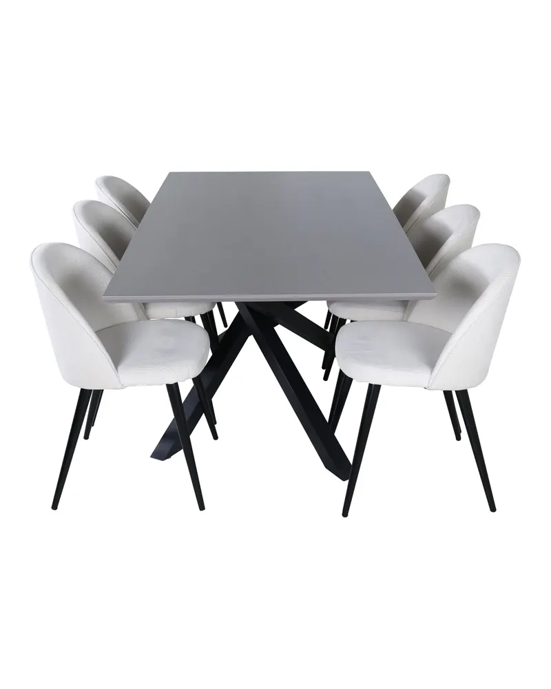 Piazza & Velvet Esstisch mit Kreuzgestell und 6 gepolsterten Stühlen in Grau, Gestell Schwarz, Beige, Ansicht 2