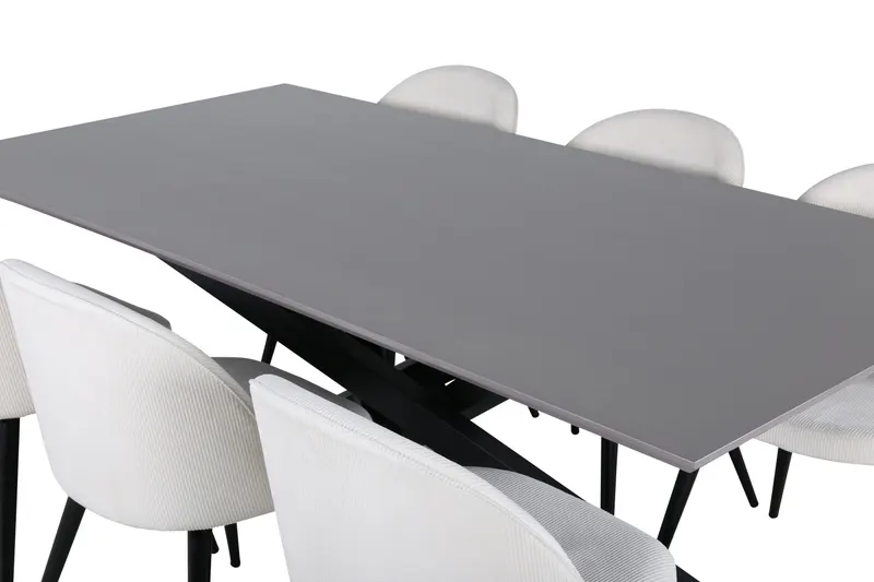 Piazza & Velvet Esstisch mit Kreuzgestell und 6 gepolsterten Stühlen in Grau, Gestell Schwarz, Beige, Ansicht 3