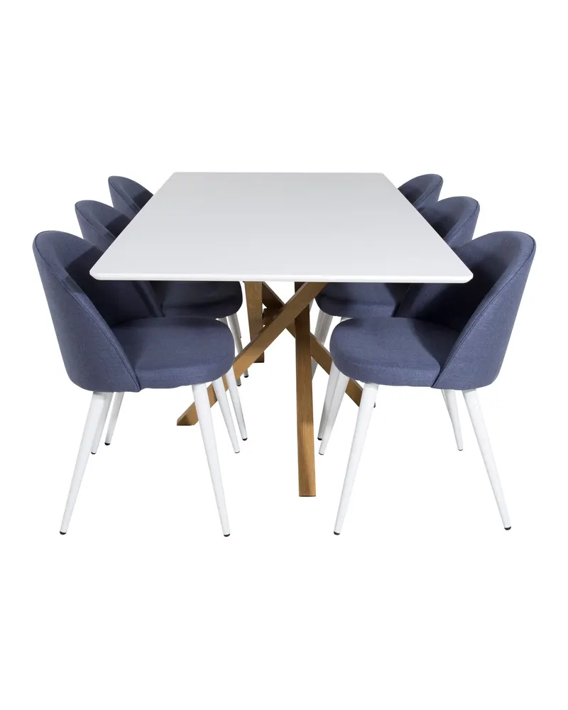 Piazza & Velvet Esstisch mit 6 Stühlen, 180 × 90 cm, Kreuzgestell, Weiß, Natur, Blau