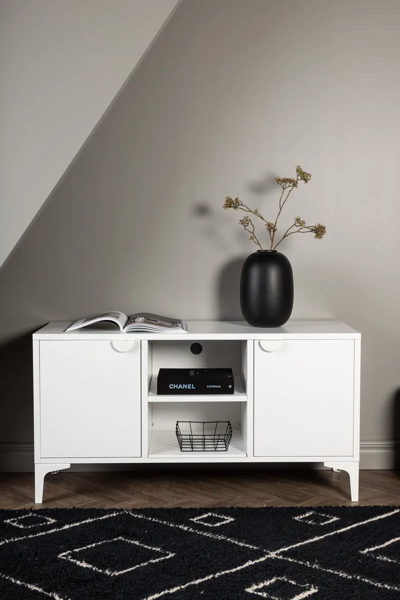 Piring TV-Schrank aus Stahl mit zwei Türen in Weiß, im Wohnraum, Ansicht 1