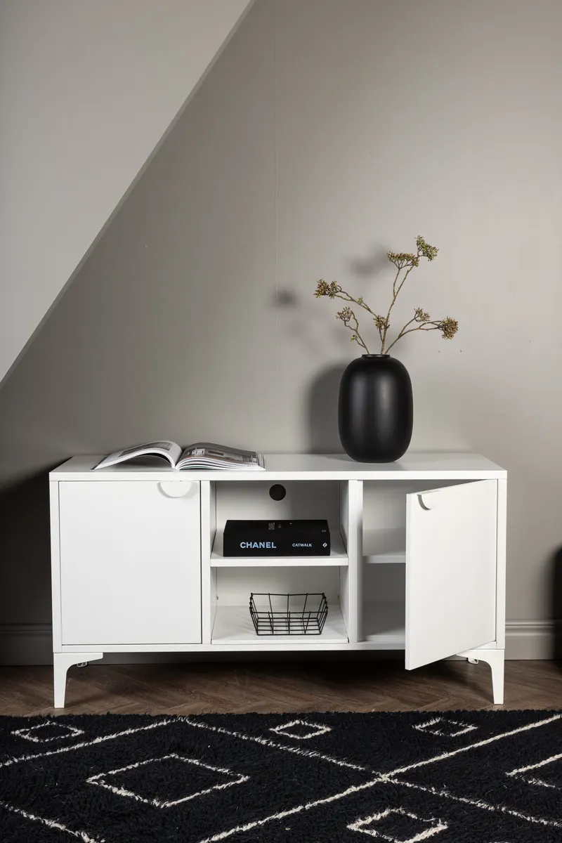 Piring TV-Schrank aus Stahl mit zwei Türen in Weiß, im Wohnraum, Ansicht 2