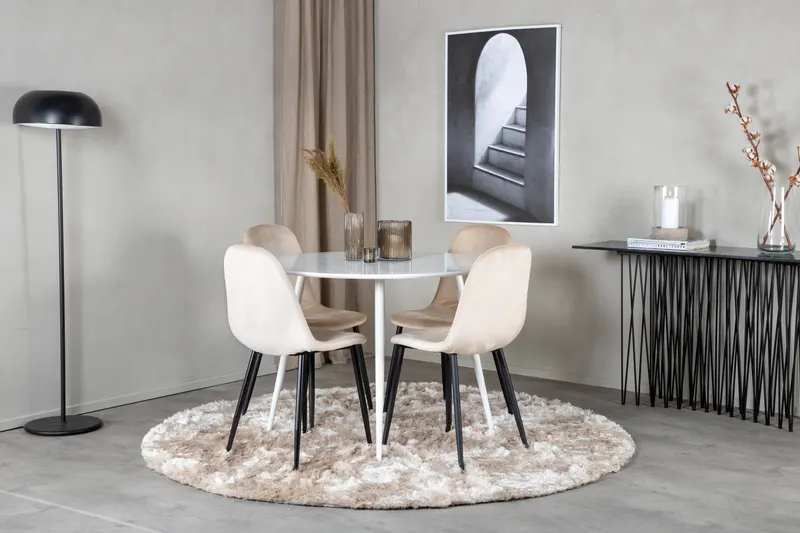 Plaza & Polar runde Essgruppe mit 4 Stühlen in Weiß, Beige, Gestell Schwarz, im Wohnraum, Ansicht 1