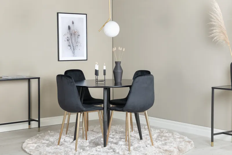 Plaza & Polar runde Essgruppe mit 4 Stühlen in Schwarz, Gestell Gold, im Wohnraum, Ansicht 1