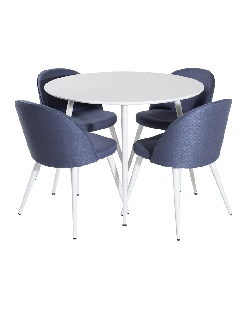 Plaza & Velvet runder Esstisch mit 4 gepolsterten Stühlen in Weiß, Blau, Gestell Weiß, Ansicht 1