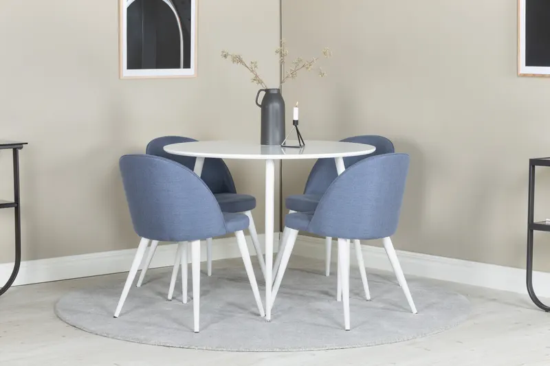 Plaza & Velvet runder Esstisch mit 4 gepolsterten Stühlen in Weiß, Blau, Gestell Weiß, im Wohnraum, Ansicht 1