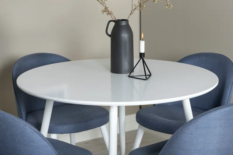 Plaza & Velvet runder Esstisch mit 4 gepolsterten Stühlen in Weiß, Blau, Gestell Weiß, im Wohnraum, Ansicht 3