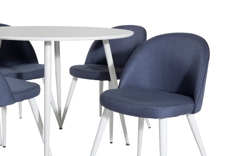 Plaza & Velvet runder Esstisch mit 4 gepolsterten Stühlen in Weiß, Blau, Gestell Weiß, Ansicht 2