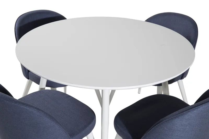 Plaza & Velvet runder Esstisch mit 4 gepolsterten Stühlen in Weiß, Blau, Gestell Weiß, Ansicht 3