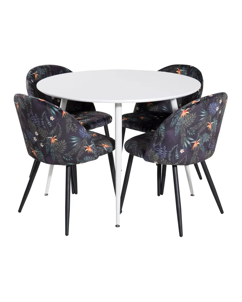 Plaza & Velvet runder Esstisch mit 4 gepolsterten Stühlen in Weiß, Schwarz mit Blumenmuster, Gestell Schwarz, Ansicht 1