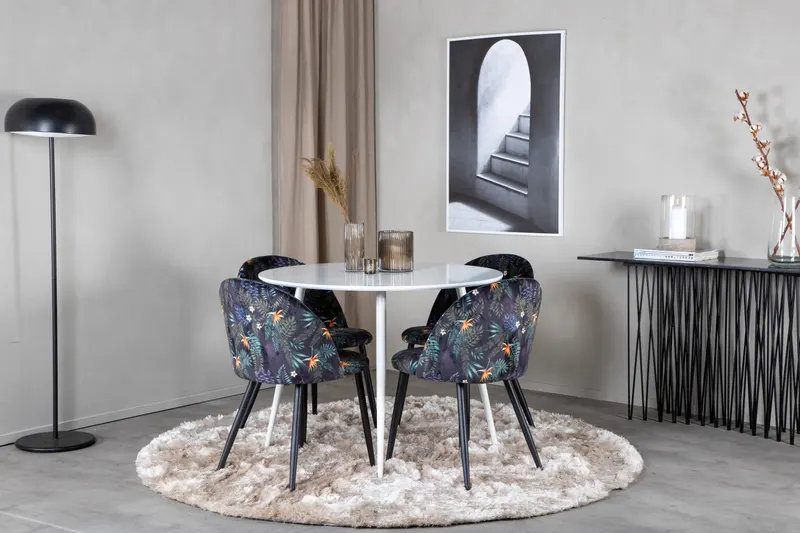 Plaza & Velvet runder Esstisch mit 4 gepolsterten Stühlen in Weiß, Schwarz mit Blumenmuster, Gestell Schwarz, im Wohnraum, Ansicht 1