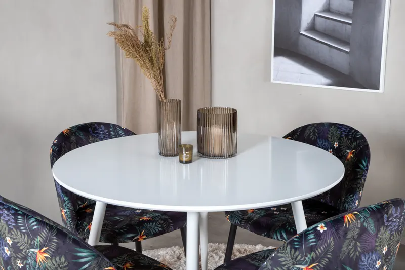 Plaza & Velvet runder Esstisch mit 4 gepolsterten Stühlen in Weiß, Schwarz mit Blumenmuster, Gestell Schwarz, im Wohnraum, Ansicht 3