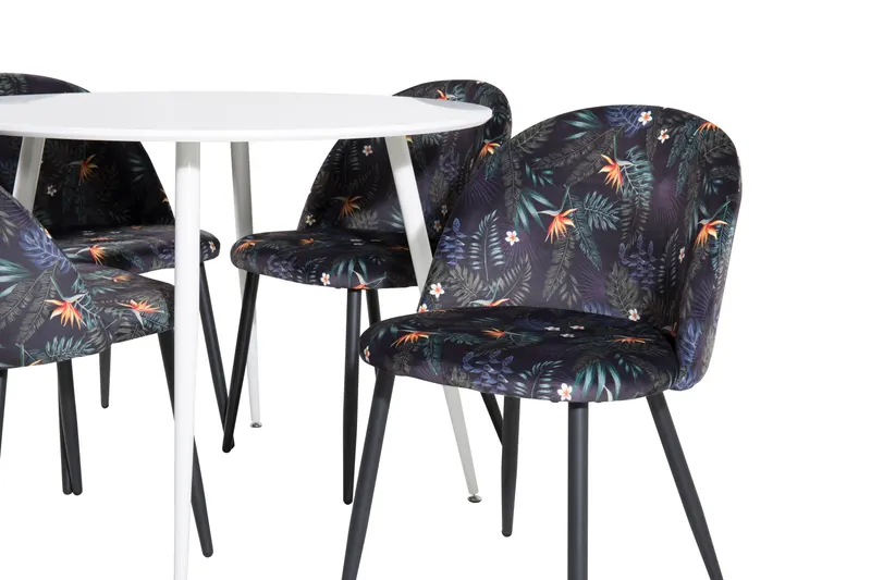 Plaza & Velvet runder Esstisch mit 4 gepolsterten Stühlen in Weiß, Schwarz mit Blumenmuster, Gestell Schwarz, Ansicht 2