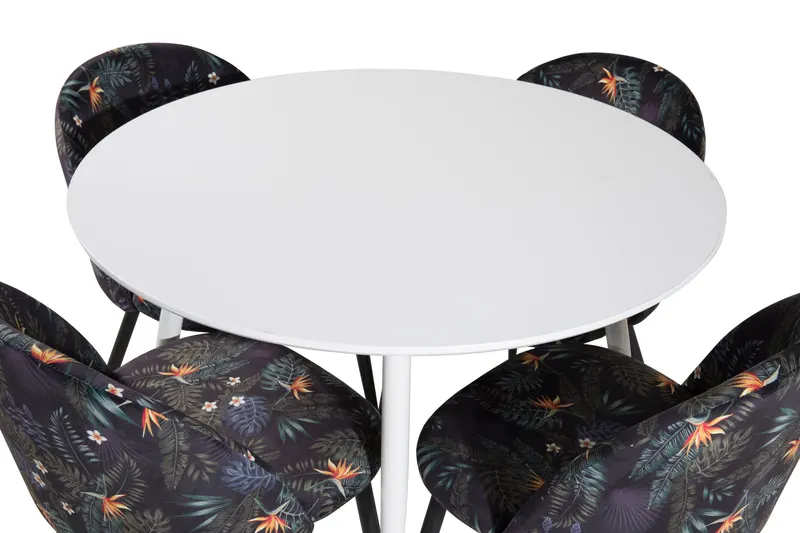 Plaza & Velvet runder Esstisch mit 4 gepolsterten Stühlen in Weiß, Schwarz mit Blumenmuster, Gestell Schwarz, Ansicht 3