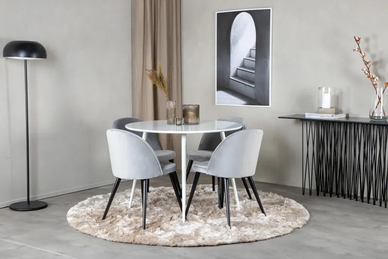 Plaza & Velvet runder Esstisch mit 4 gepolsterten Stühlen in Weiß, Grau, Gestell Schwarz, im Wohnraum, Ansicht 1