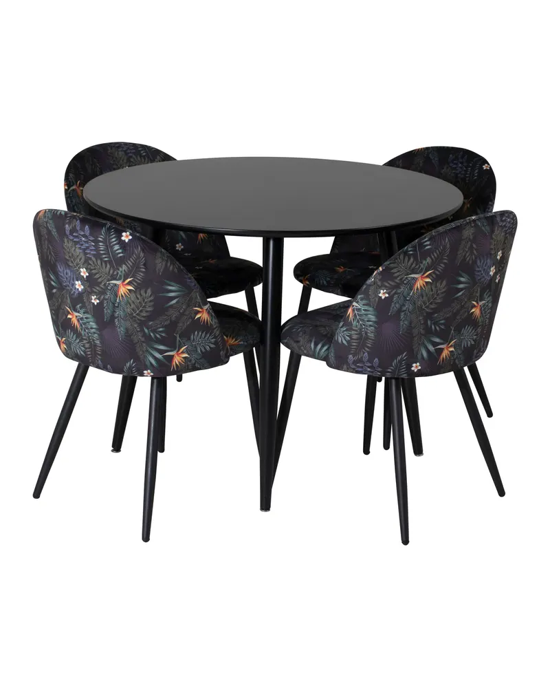 Plaza & Velvet runder Esstisch mit 4 gepolsterten Stühlen in Schwarz, Schwarz mit Blumenmuster, Gestell Schwarz, Ansicht 1