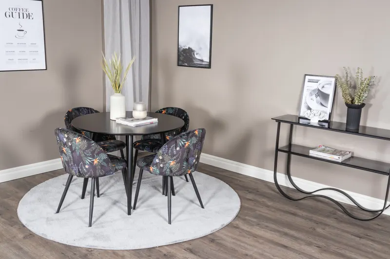 Plaza & Velvet runder Esstisch mit 4 gepolsterten Stühlen in Schwarz, Schwarz mit Blumenmuster, Gestell Schwarz, im Wohnraum, Ansicht 1