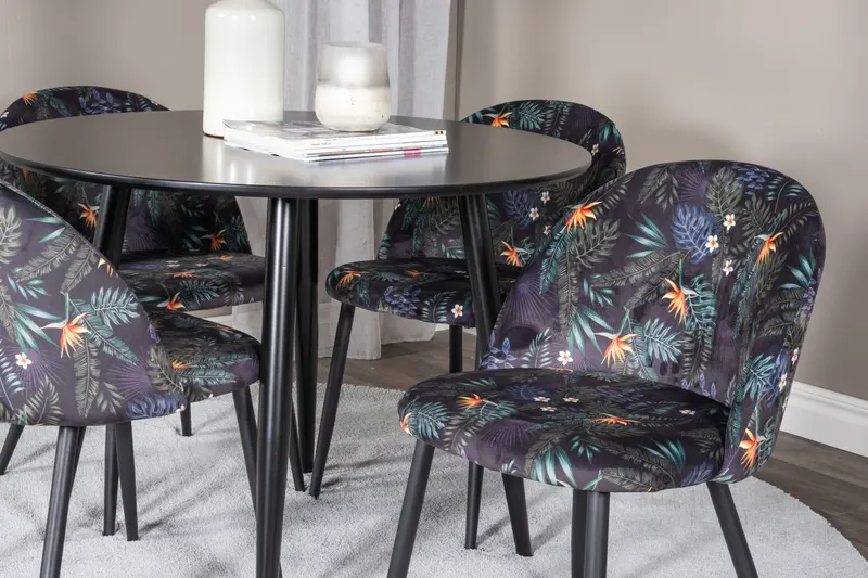Plaza & Velvet runder Esstisch mit 4 gepolsterten Stühlen in Schwarz, Schwarz mit Blumenmuster, Gestell Schwarz, im Wohnraum, Ansicht 2