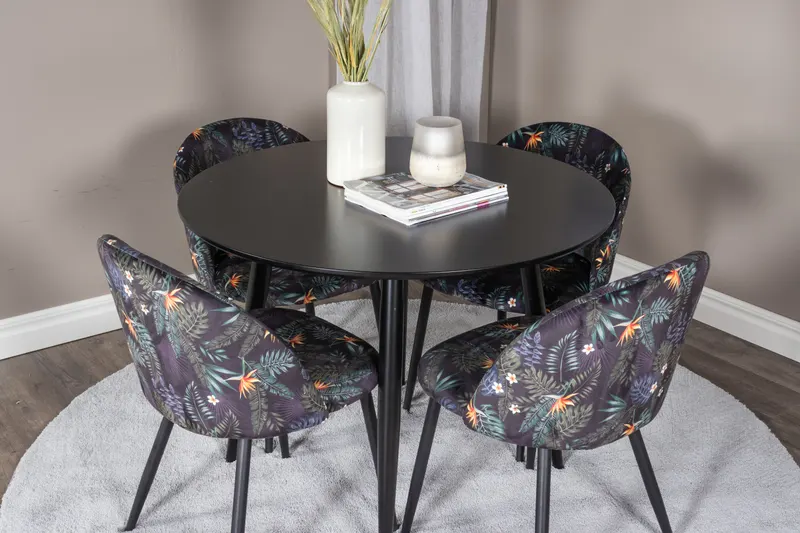 Plaza & Velvet runder Esstisch mit 4 gepolsterten Stühlen in Schwarz, Schwarz mit Blumenmuster, Gestell Schwarz, im Wohnraum, Ansicht 3